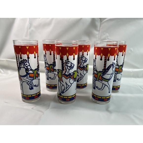 Libbey Glass Carousel Horses Tom Collins Drinking Glass 6pc‎ Set USA 6.75"t 12oz - Picture 1 of 5